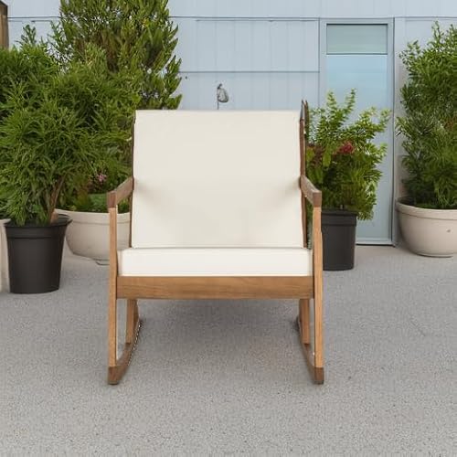 SAFAVIEH Outdoor - Vernon Rocking Chair - Natural & Beige - Solid Wood with Cushion - Shaker-Inspired Slatted Design - Ideal for Patio, Deck, Porch, Backyard, 24.6" Seat Height (PAT7013A)