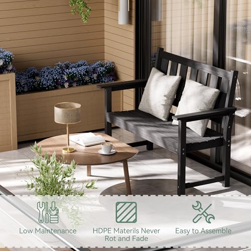 ACUEL 50" Poly Lumber Outdoor Bench, 2-Person HDPE Weatherproof Patio Garden Bench with 800 lbs Weight Capacity, Multi-Purpose Design Ideal for Porch, Backyard, Lawn, Park, Balcony and School (Black)