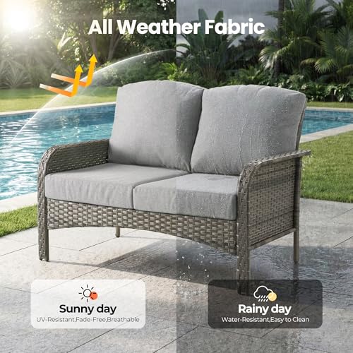 Weaxty Wicker Patio Furniture Set with Swivel Rocker Chairs Outdoor Loveseat Sofa and Rattan Coffee Table, 5 Pieces Outdoor Conversation Sets for Patio Porch Deck Backyard Poolside, Dark Gray