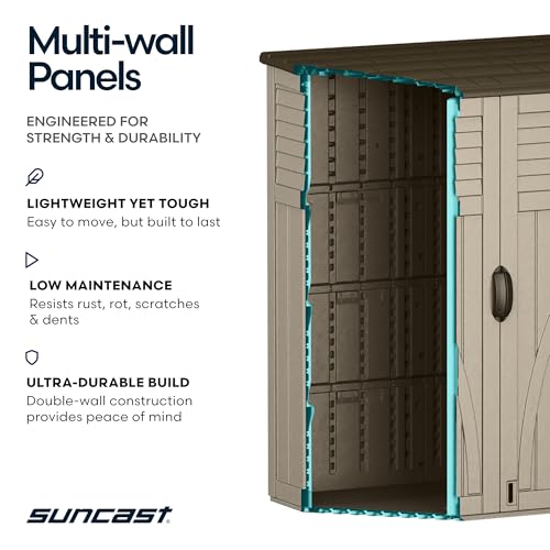 Suncast Outdoor Storage Shed, Water Resistant Resin Vertical Outdoor Storage Cabinet for Patio, Garden Tools, Cushions, & Equipment, Weatherproof Multi-Wall Design, 54 cu. ft., Made in USA
