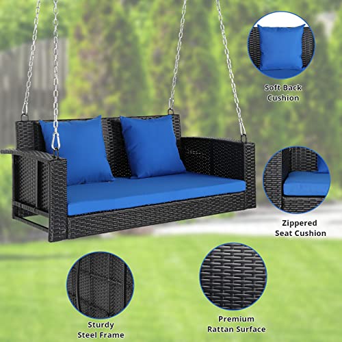 GODECOR 4FT Wicker Porch Swing for 2 Person, 800lb Capacity Outdoor Hanging Bench with Removable Cushions, Handwoven Weather-Resistant PE Rattan for Patio, Garden & Backyard