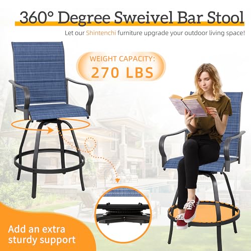 Shintenchi 4 Piece Patio Swivel Bar Chairs, All Weather Padded Textile Outdoor Metal Bar Stools Patio Chairs Set of 4, High Top Bistro Set Furniture for Balcony, Backyard, Lawn Garden, Deck, Deep Blue