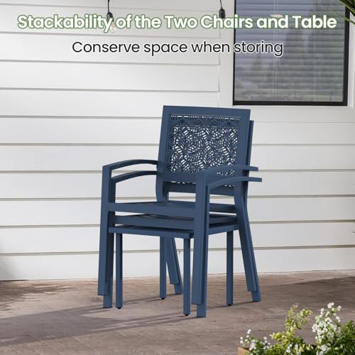 BUPPLEE 3 Piece Patio Bistro Set, Outdoor Steel Furniture Set, Stackable Modern Conversation Sets for Balcony Garden Deck Patio w/2 Chairs 1 Table, Peacock Blue