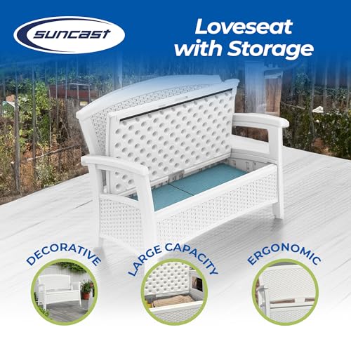 Suncast Elements Stylish Lightweight Loveseat Outdoor Seating with Convenient Built in Universal Storage, and All Weather Resin, White