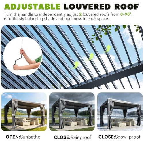 MELLCOM Louvered Pergola 10x12, Outdoor Rustproof Shelter with Adjustable Roof, Steel Aluminum Gazebo with Waterproof Curtains and Netting for Patio Deck, Dark Grey