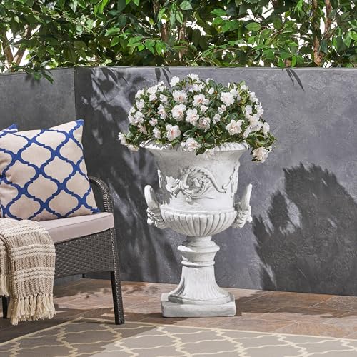 Christopher Knight Home Adonis Traditional Roman Chalice Garden Urn Planter with Lion and Floral Accents, Antique White