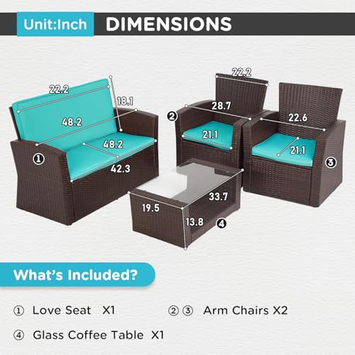 FDW 4 Piece Patio Furniture Sets, Wicker Conversation Set 4 All-Weather Outdoor Sectional Patio Sofa for Porch Deck with Blue Cushion Brown Rattan Sofa Chair