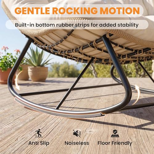 Outsunny Double Papasan Rocking Chair, Wicker Oversized Indoor Outdoor Rocking Papasan Chair with Cushion, PE Rattan Outdoor Rocker Egg Chairs for Living Room, Garden, Patio, Balcony, Cream White