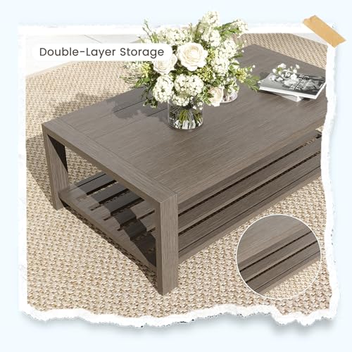 UDPATIO Aluminum Patio Furniture Set, Faux Wood Grain Modern Outdoor Furniture, 6" Cushions Metal Patio Conversation Sofa with Coffee Table for Poolside Deck, 8 PCS, Beige(Include 600D Covers)