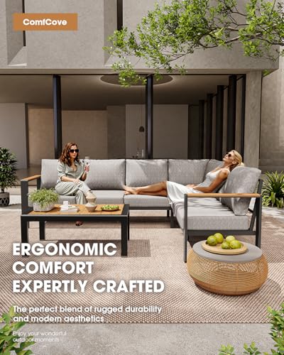 ComfCove Aluminum Outdoor Patio Furniture Set 8 Seats, Outdoor Sectional Corner Sofa, Patio Conversation Sets with Coffee Table & Washable Thick Cushions, Outdoor Furniture for Backyard, Porch, Gray