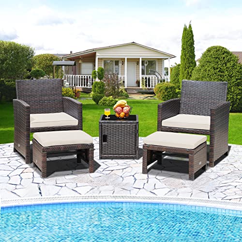 Tangkula 5 Pieces Wicker Patio Furniture Set with Waterproof Cover,Patiojoy Outdoor Cushioned Chairs and Ottoman Set with Single-Door Storage Coffee Table,Space-Saving