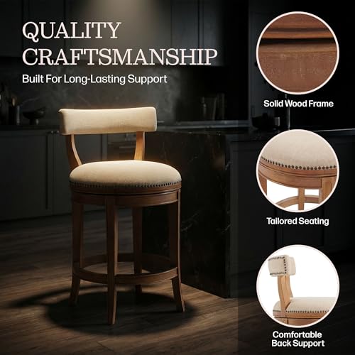 Hanover Swivel Counter Height Bar Stool, Weathered Brown and Beige, Solid Rubberwood Frame, Faux Leather Upholstered Seat, Memory Return Swivel, 20 in. W x 22 in. D x 37 in. H, Seat Height 26 in.