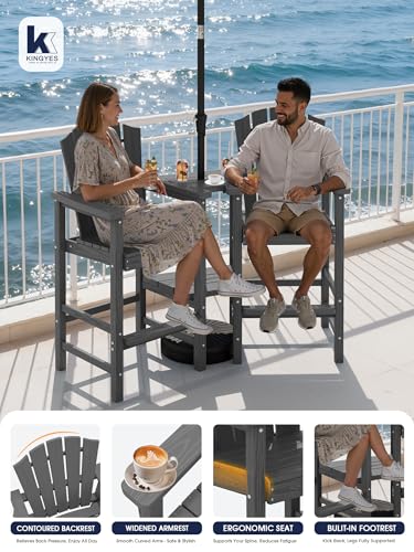 KINGYES Tall Adirondack Chair Set of 2, All-Weather HDPE Outdoor Adirondack Barstools with Removable Double Connecting Trays, High Airondack Chair with Wood Grain, Embossed Balcony Chair, Gray