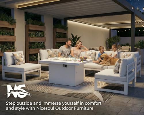NICESOUL 7 Piece White Powder-Coated Aluminum Patio Furniture with Fire Pit Table, 29 Inch Extra Wide Outdoor Sectional Sofa for 6, High-End Heavy Duty L-Shaped Large Couch for Backyard, Light Gray