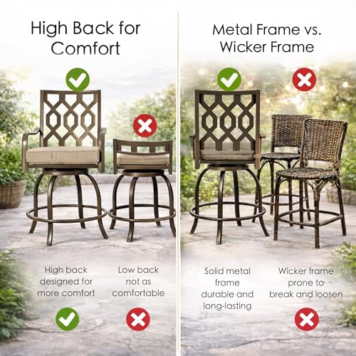 Kozyard Isabella Outdoor Swivel Bar Chairs Set of 2, Counter Height Patio Bar Stools with Cushioned Seats, Weather-Resistant Metal Bistro Chairs for Backyard Dining Beige