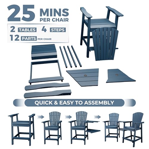 GAOMON Tall Adirondack Chairs Set of 2, Recycled HDPE Bar Height Patio Chairs with 2 Removable Connecting Trays & Umbrella Hole, Heavy Duty Outdoor Furniture for Deck, Backyard, Garden, Balcony, Blue