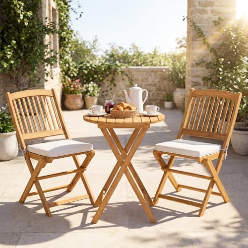 Giantex 3Pcs Patio Bistro Set, Wood Folding Table Set, 2 Cushioned Chairs for Garden Yard, Outdoor Furniture Round Table (Natural & Beige)