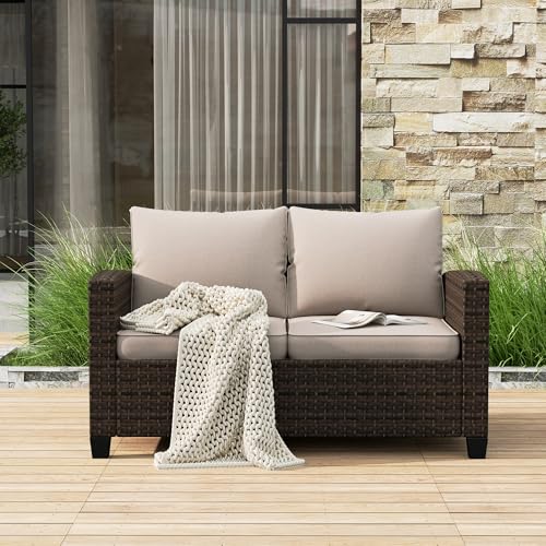 HERA'S HOUSE Outdoor Loveseat Patio Sofa, 2-Seat Wicker Couch with Waterproof Thick Cushions, Deep Seating Furniture for Garden Porch Backyard, Beige