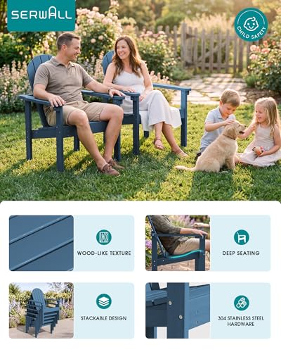 SERWALL Stackable Modern Adirondack Chairs Set of 4, HDPE Outdoor Patio Chairs with Space-Saving Design, All-Weather Fire Pit Chairs with Widened Seat for Deck, Backyard, Garden, Lawn (Blue)