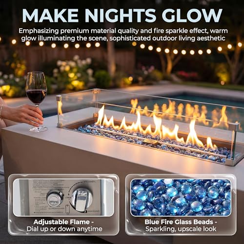 NICESOUL 42" Outdoor Propane Fire Pit Table, 50,000 BTU Rectangle Natural Gas Firepit with Tank Table, No Assembly Low Profile Fire Table for Outside Patio & Backyard, CSA Certified, Grayish White
