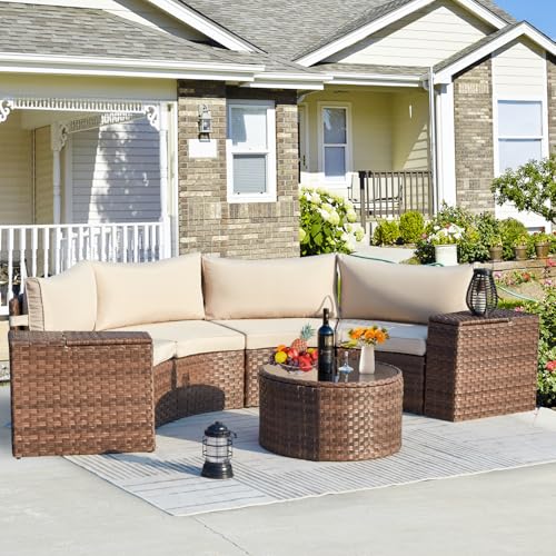ECOTOUGE Outdoor Patio Furniture Set, 7-Piece Half-Moon All-Weather Wicker Curved Outdoor Sofa, Rattan Conversation Set with Storage Table, Fit for Pool, Backyard, Balcony, Garden(Brown&Beige)