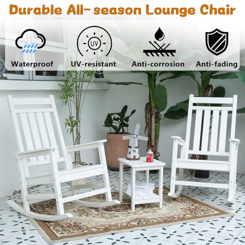HRVEOCEI Oversized Outdoor Rocking Chair Set of 2 with Table, HDPE Patio Racking Chairs for Front Porch Outside All Weather, 300 LBS Capacity (Set of 2, White)