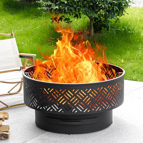 OutVue 26" Wood Burning Fire Pits with Grill & Lid, Fire Pit Table for Outside with Waterproof Cover & Fire Poker, Outdoor Firepit with Functions for BBQ,Table and Bonfire
