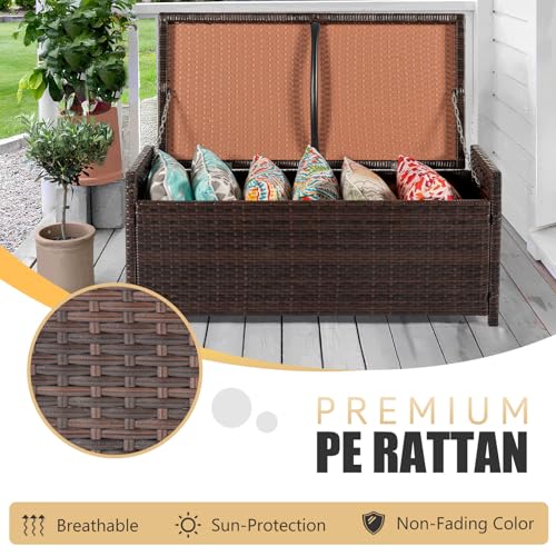 PROHIKER 2-in-1 Wicker Deck Box Bench, All-Weather 55 Gallon Outdoor Storage Box with Cushions and Waterproof Bag, Rattan Storage Bench for Pool Tools, Outdoor Equipments and Garden Tools, Brown/Beige