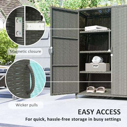 Outsunny Wicker Outdoor Storage Cabinet with Shelves, 4-Shelf Outdoor Pool Towel Cabinet with Two Doors, Rattan Patio Storage Shelves for Garden, Backyard, Porch, Dark Gray