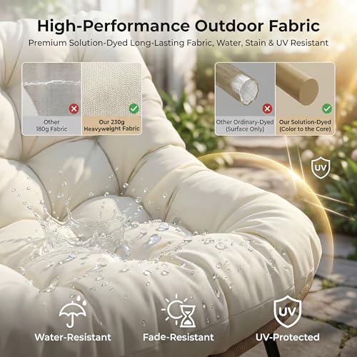 NICESOUL Oversized Double Rocking Papasan Chair with Thick Cushion, 2 Person Big Wicker Outdoor Comfy Recliner, Extra Large Heavy Duty Egg Loveseat for Patio, Balcony, Backyard, Garden, Beige