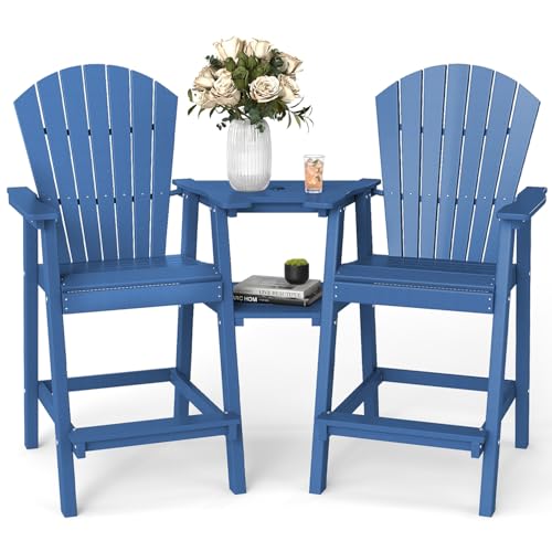 FOOWIN Tall Adirondack Chair Set of 2, All Weather HDPE Bar Height Adirondack Chair with Double Connecting Trays, Adirondack Barstools for Balcony, Deck, Backyard, Patio, Garden Navy Blue