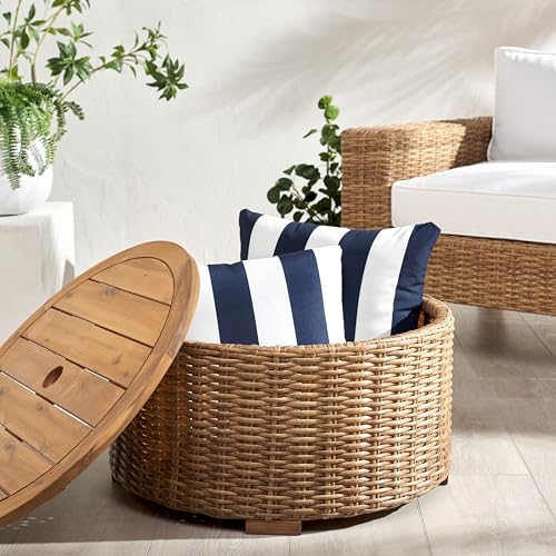 SAFAVIEH Couture Outdoor - Anguilla Round Wicker Coffee Table - Solid Wood and Aluminum - Coastal Woven Design - Ideal for Patio, Deck, Porch, Backyard, 25.6"W x 25.6"D x 13.8"H (CPT2103A)