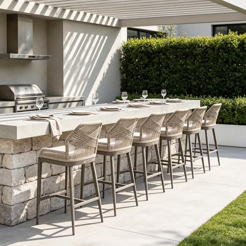 PURPLE LEAF Counter Height Bar Stools Set of 2 Rattan Woven Aluminum Modern Barstools with Back and Arms for Patio Balcony Pool Outdoor Accent Counter Stool Chairs
