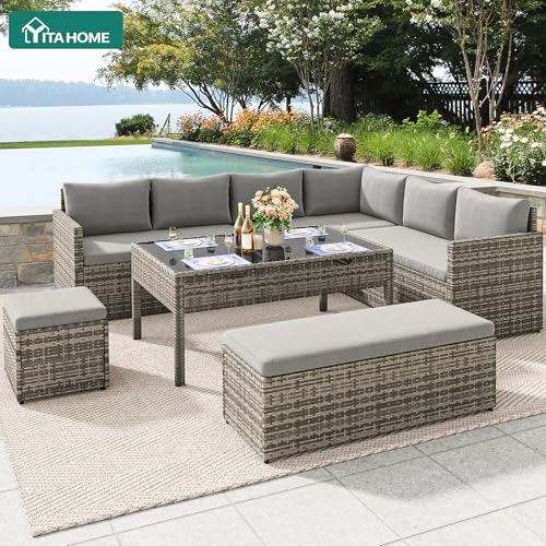 YITAHOME 9PCS Patio Furniture Set with Lift-Top Coffee Table & Ottoman, Outdoor Modular Sectional Sofa, Waterproof Patio Conversation Set, All-Weather Patio Sofa, Outdoor Couch for Deck Backyard