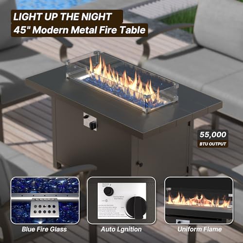 Gotland Aluminum Patio Furniture Set with Fire Pit Table, Metal Patio Furniture with 2 Swivel Rocking Chairs Waterproof 5.1'' Seat Cushions, Oversized Outdoor Sectional for Garden Balcony Porch Gray