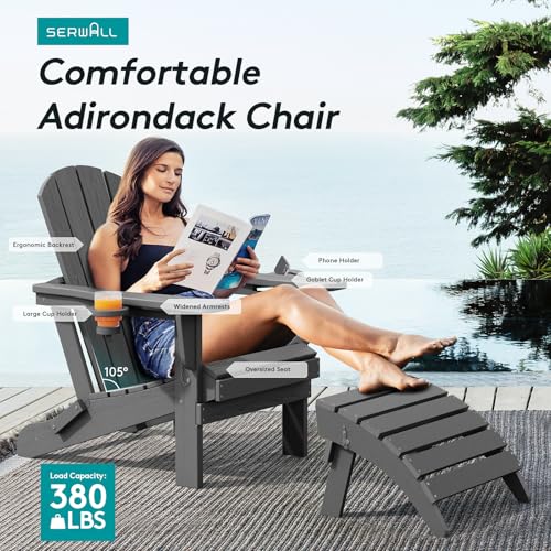 SERWALL Foldable Adirondack Chair Set of 2, HDPE Adirondack Chair with Wood-Texture-Gray