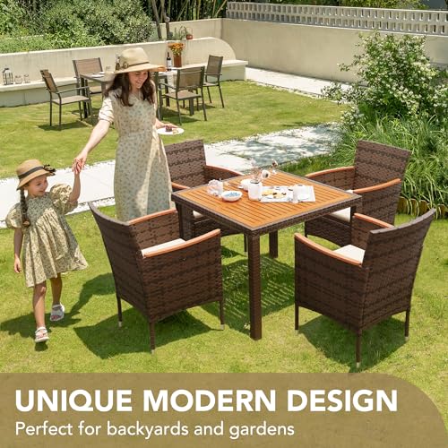Devoko 5 PCS Furniture, Patio Conversation Set with Acacia Wood Top, Rattan Outdoor Dining Table and Chairs for Backyard, Garden, Deck, Brown