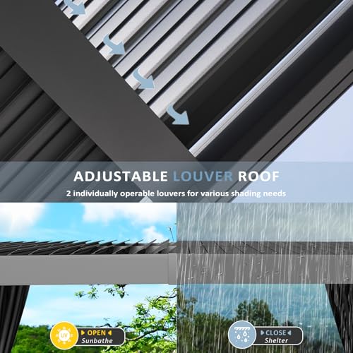 Aoxun Louvered Pergola 12' x 14' Aluminum Outdoor Pergola with Independent Adjustable Roofs, Curtains and Netting, Built-in Drainage System for Patios & Backyards, Rust Resistant Frame
