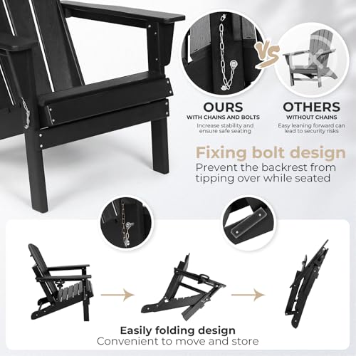 SFYLODS HDPE Folding Adirondack Chair, Outdoor Patio Chair with Cup Holder, Weather Resistant Wood Grain Lawn Chair for Backyard, Garden, Fire Pit, Deck, Black