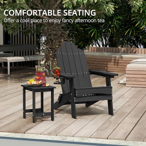 LUE BONA Folding Adirondack Chair Set of 4, Black HDPS Fire Pit Patio Chairs Weather Resistant, Modern Plastic Outdoor Chairs with Cup Holder