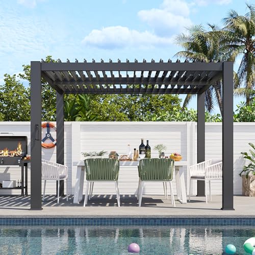 Aoxun Louvered Pergola 10' x 10' 96S Outdoor Metal Pergola with Adjustable Top for Decks, Gardens and Backyards, Easy Assembly via Structural Patent, Gray