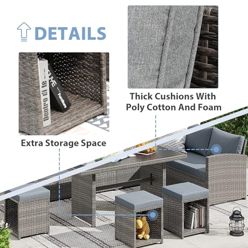 JOIVI Outdoor Patio Furniture Set, 7 Piece Patio Dining Sofa Set, Outdoor Sectional Couch Conversation Set All Weather Wicker Rattan Aluminum Desktop Dining Table & Chair with Ottomans, Gray Cushion