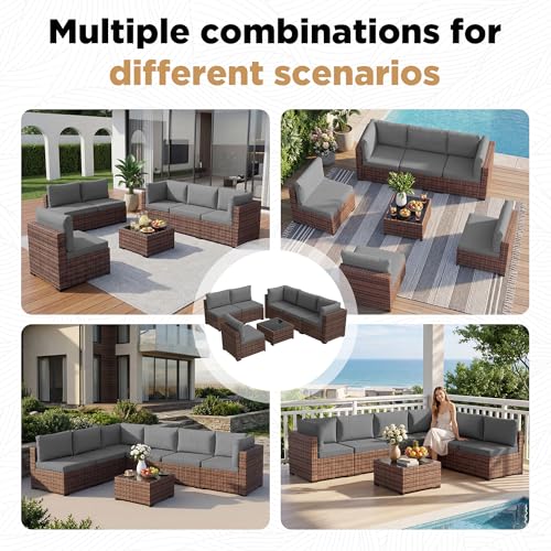 LHBcraft Patio Furniture Set with Rain Cover,7 Pieces Outdoor Wicker Rattan Patio Furniture, Wicker Rattan Outdoor Sectional Sofa Set with Coffee Table for Garden, Poolside Taupe-Grey