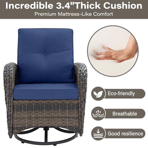 Belord Patio Wicker Chairs Swivel Rocker - Outdoor Swivel Rocking Chairs Set of 2 with Rattan Side Table, Patio Swivel Glider Chair 3 Piece Patio Furniture Sets for Deck Porch Pool Brown/Blue