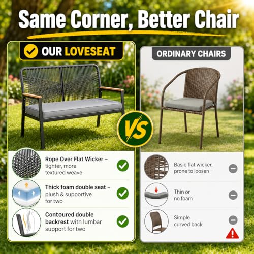 LIFERUN Outdoor Rattan Loveseat Bench, 43" Patio Bench for 2 with 3.15" Cushion,704LBS, Wicker Patio Furniture Seating, Curved Backrest, WPC Armrests, 500 lb Capacity for Porch Balcony Deck, Grey