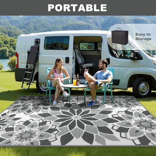 LOKHOM Outdoor Rug for Patio 6x9 ft Reversible Plastic Straw Patio Camping Rug, Floral Waterproof RV Mat for Camper Indoor Outdoor Carpet for Deck Porch Picnic Beach Balcony Backyard, Grey & White