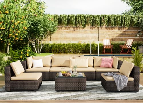 Grezone Patio Furniture Set 7 Piece Outdoor Wicker Sectional Sofa - All Weather PE Rattan Couch Conversation Set with Cushion & Glass Top Table for Backyard Deck Porch,Beige
