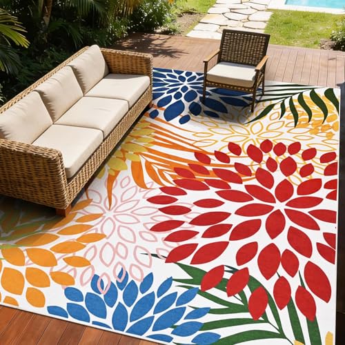 Yinhua Dahlia Floral Outdoor Rug 8x10 Colorful Indoor Outdoor Rugs Washable Patio Rug Non Slip Large Flower Area Rug Low Pile Outdoor Carpet for Patio, Deck, Porch, Balcony, Camping, Red and Blue