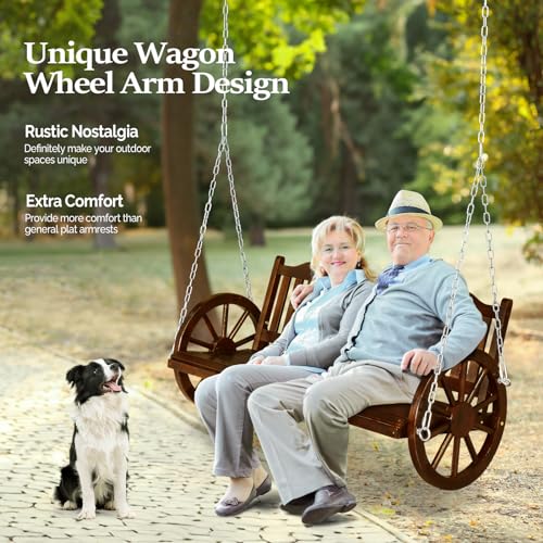 VINGLI Farmhouse Style Porch Swing, 5 FT Wooden Porch Swing Outdoor with Wheels Hold 880 LBS, Rustic Pine Wood Hanging Swing for Countryside, Yard, Garden