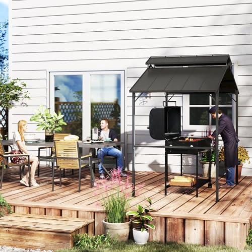 Outsunny 8' x 5' Hardtop Grill Gazebo, Outdoor BBQ Gazebo with Double Metal Roof, 2 Side Shelves and 10 Hooks, Grill Canopy for Patio Backyard Lawn Deck